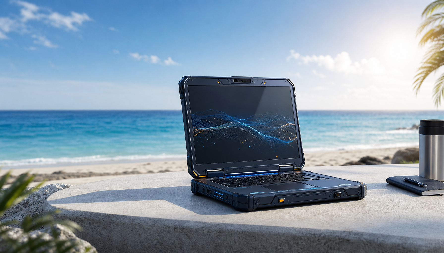 Rugged Beachtop laptop open beside the ocean